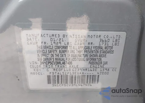 2021 Nissan Kicks Sv Xtronic Cvt z USA, uszkodzony, nr VIN 3N1CP5CV3ML467406